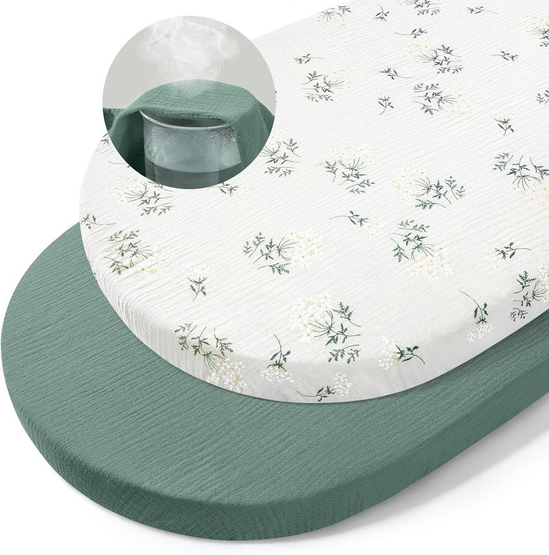 Basumee Muslin Bassinet Sheets for Baby Girl Boy 2 Pack Soft Breathable Baby Bedside Bassinet Fitted Sheets with Bottom Elastic Band 33''x17''x4'' Mattress Cover for Rectangle Oval Hourglass Bassinets - Image 1